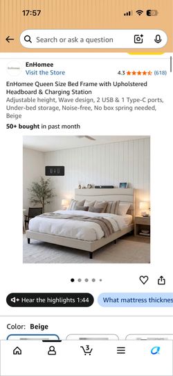 Beige upholstered queen bed
