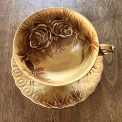 Vintage Hand Painted Pinecone Teacup & Saucer Set – Marked EW-6797 – Autumn Brown Glazed Porcelain