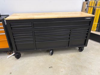 BRAND NEW AND PERFECT Shop Husky 72 in. W x 24 in. D Heavy Duty 18-Drawer Mobile Workbench Cabinet with Adjustable-Height Hardwood Top in Matte Black