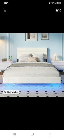 CollaredEagle Queen Size Wood-Metal Floating Bed Frame - Upholstered Blanc Headboard, USB Port Charging Station, Less Cords, Silent Op., No Spring Mat