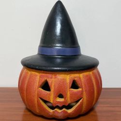 Magic Tea Light Ceramic Orange Pumpkin Jack O Lantern Halloween Porch Decor