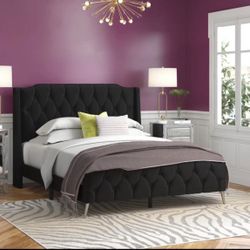 Full Size Black Velvet Tufted Bed Frame – Tall Wingback Headboard