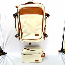 NWT Cream and Tan Travel Backpack with Toiletry Bag