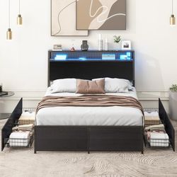 Full Bed Frame with Charging Station, Metal Platform Bed Frame