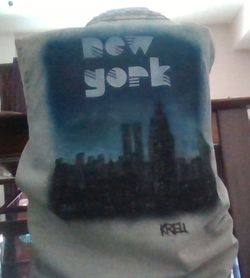 Vintage 90s Hand-Painted NYC Skyline Denim Jacket - Large