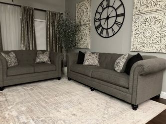 Gray Chesterfield Sofa and Loveseat Set