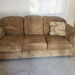 three-seater sofa with a brown textured fabric upholstery- Good Condition – $120