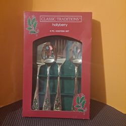 Lovely 4 Pc Holiday Serving Set Flatware-Gold  With Holly Design-$16.00