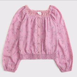 Girls  Abercrombie&Fitch Long Sleeve Lace Trim  Embellished Top PINK Size 13-14
