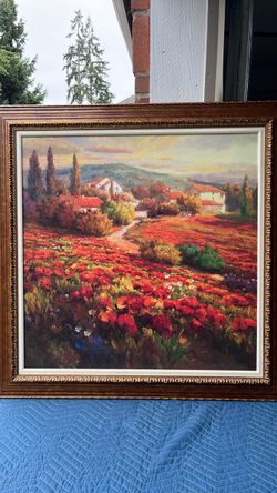 The selected item is the framed "Poppy Fields" canvas art print by artist Roberto Lombardi,