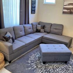Gray Blue Linen Sectional Couch And Ottoman