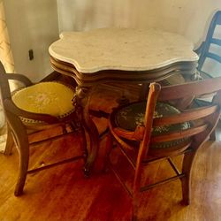 Antique Marble Turtle Top Parlor Table with 3 Needlepoint Ladderback Chairs 