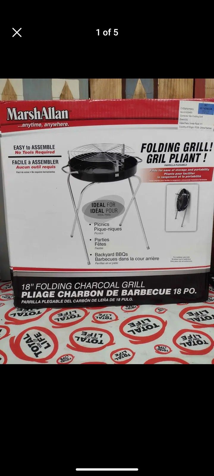 MarshAllen 717HH Black Steel Charcoal Folding Stand-up Grill 18" D x 22" H