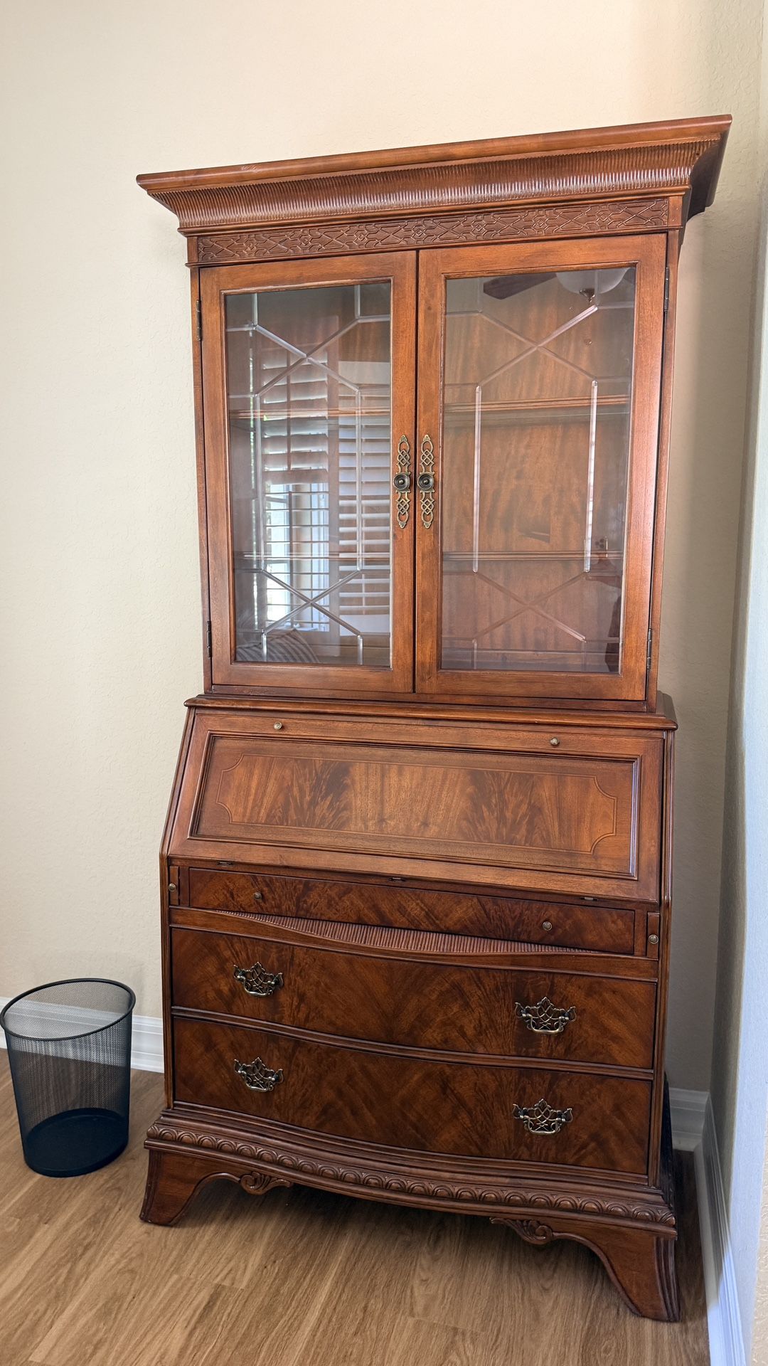 Mahogany Secretary Desk with Glass Hutch + Matching Chest of Drawers + Chair