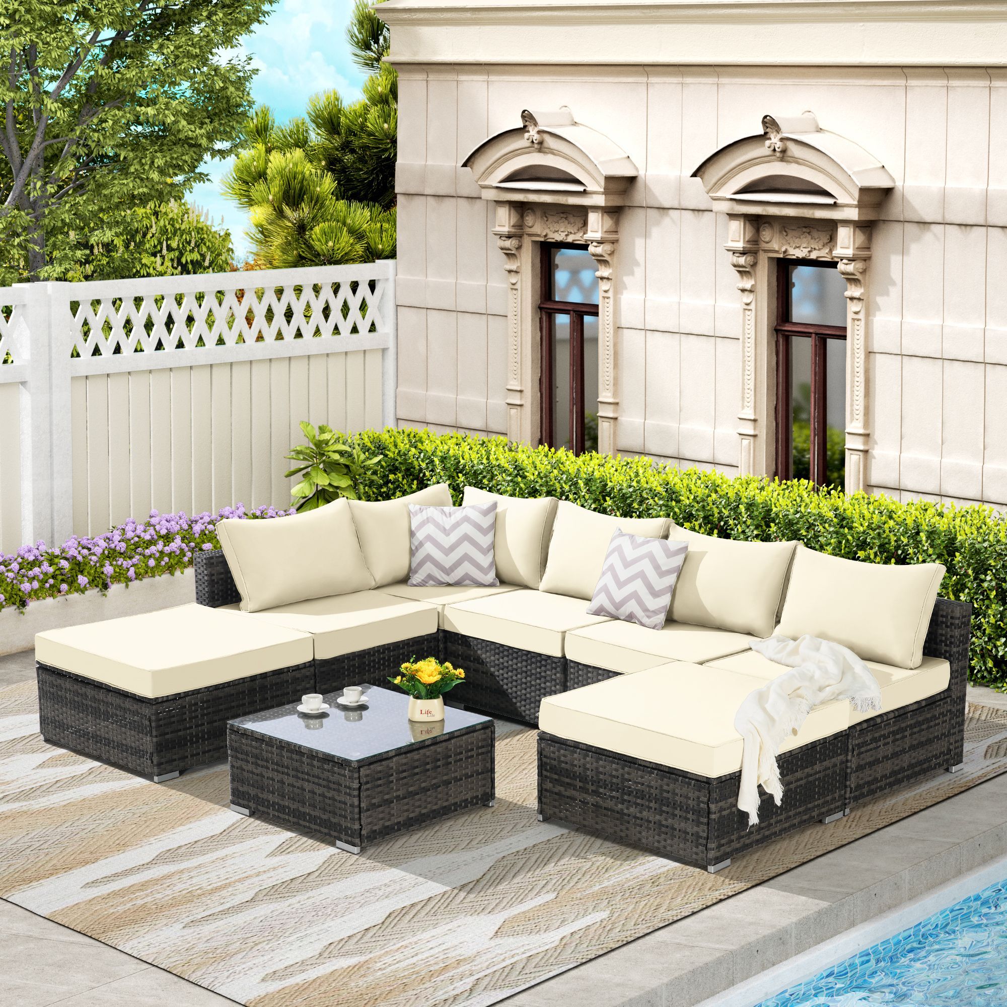8 Pieces Outdoor Patio Sectional Sofa Couch,Wicker Furniture Conversation Sets with Washable Cushions & Glass Coffee Table for Garden, Poolside, Backy
