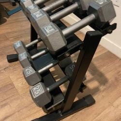 In NEW Condition Set Of Cast Iron Hex Dumbbells 5s, 10s, 15s 20s  And  25s [ RACK NOT INCLUDED]