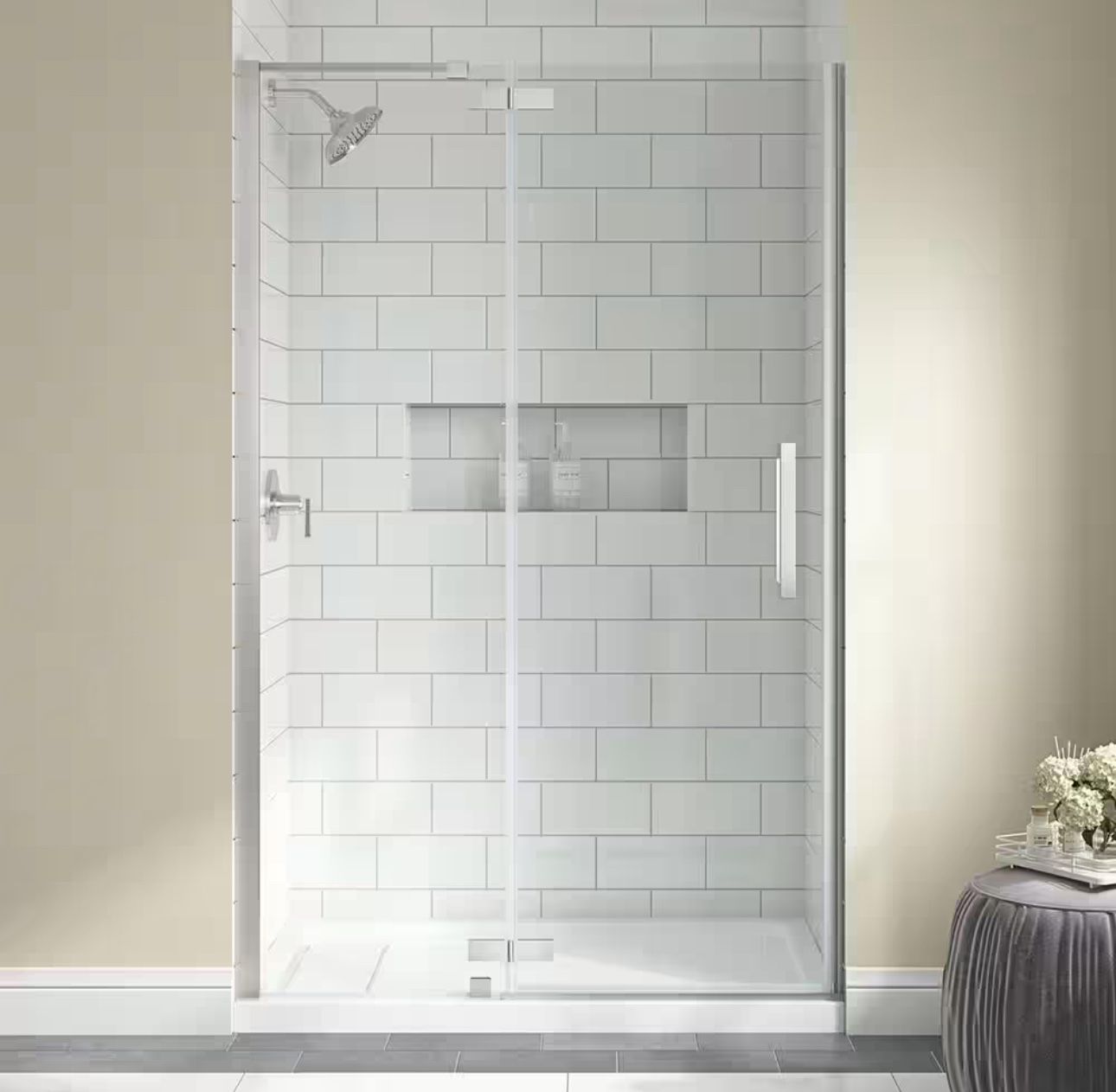 Delaney 46 1/4 in. - 48 in. W x 74 in. H Pivot Frameless Shower Door in Brushed Nickel Finish with Clear Glass