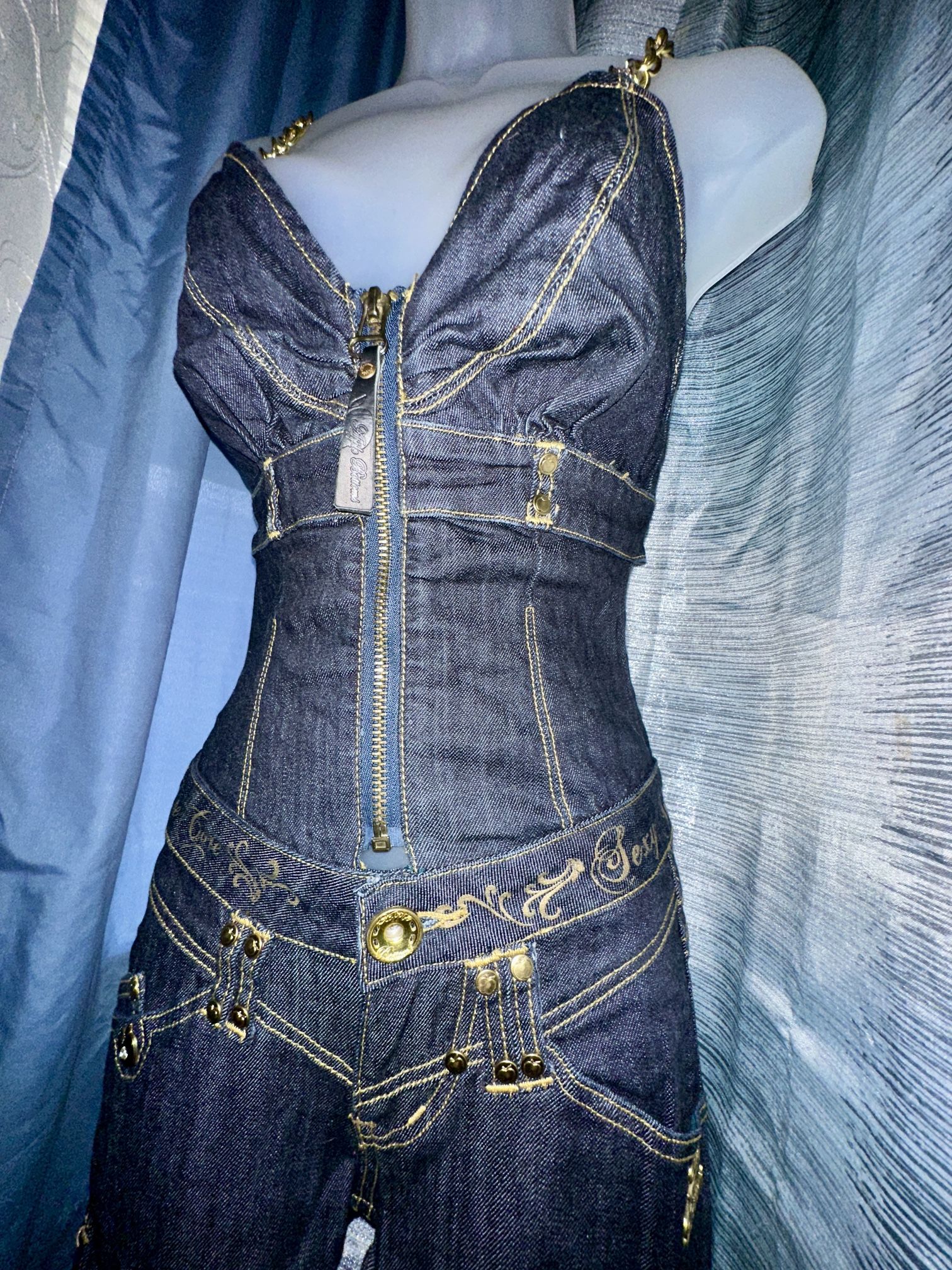 Apple Bottom Jeans Jumpsuit w/ Gold Accents - V-Neck, Front Zipper ~ Women’s 1/2