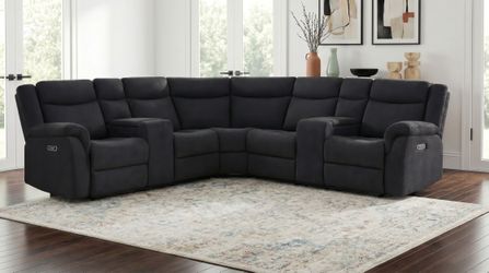 Hagen Steel Grey Upholstered Power Reclining Sectional Sofa