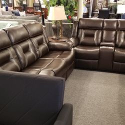 Brand New Brown Leather Gel Manual Reclining Sofa + Loveseat With Cup Holder