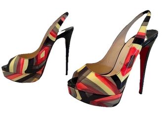 ⁠Christian Louboutin Multicolor Patent Peep Toe Slingback Platform Pump Heels 37