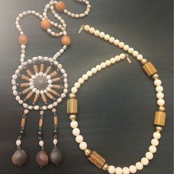 Vintage Hippie Boho Dreamweaver Necklace Seed NutShell Medallion Pendant & RARE Beaded Striped Wood with Gold Accents  Total of 2