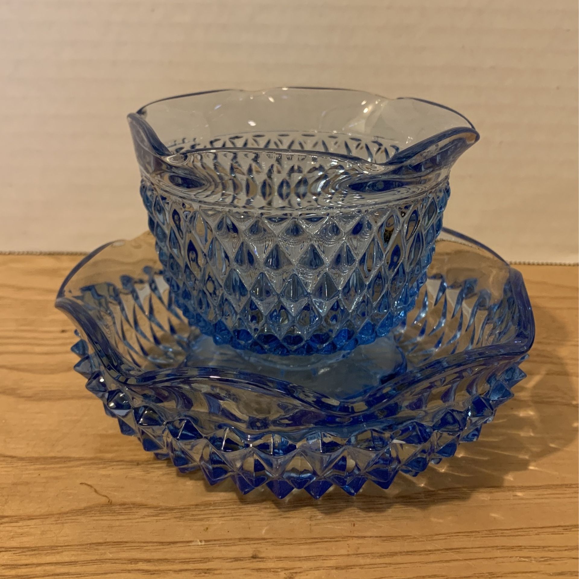 Vintage Indiana Glass Diamond Point Blue pattern blue glass mayonnaise bowl and under plate Discontinued. Circa 1965 B1