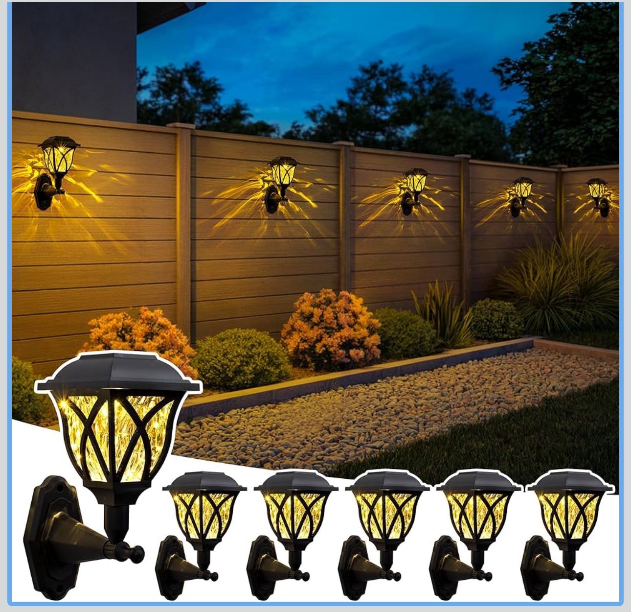 Solar Wall Lights Outdoor, Waterproof Warm White Solar Powered Decorative Lights with Auto On/Off, for Garden Fence Patio House Backyard Decor (6 Pack