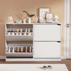 New Modern 4 Flip Drawer Shoe Dresser with Adjustable Shelf, Tall Entryway MDF Rack  New in box HLG092 * Vanishing 9.25-Inch Architectural Footprint:E