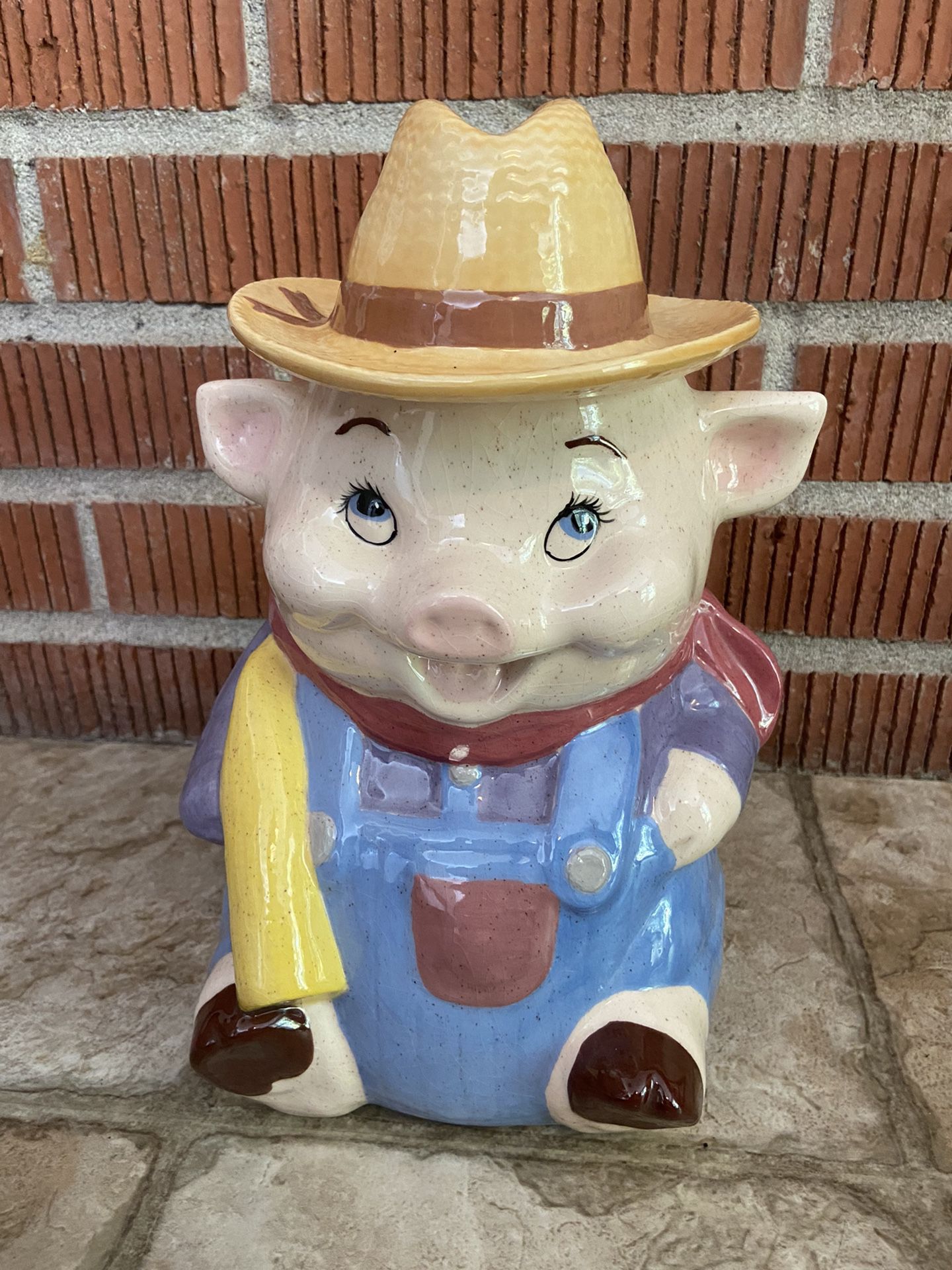 Vintage Farmer Pig Ceramic Cookie Jar with Lid Piggy Pig
