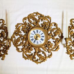 Mid Century Hollywood Regency 1970s Burwood Products Gold Ornate Clock & Candle Sconce Set w Spiral Candles