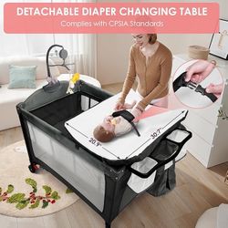 New In Box 5-in-1 Pack n Play, Baby Bassinet Bedside Sleeper, 3 Height Adjustable Baby Crib with Diaper Changer, Storage Bag & Music Box, Portable Bas