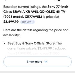 Sony 77inch class Bravia xra 95L qd-oled 4k tv 2023 xr77a95l