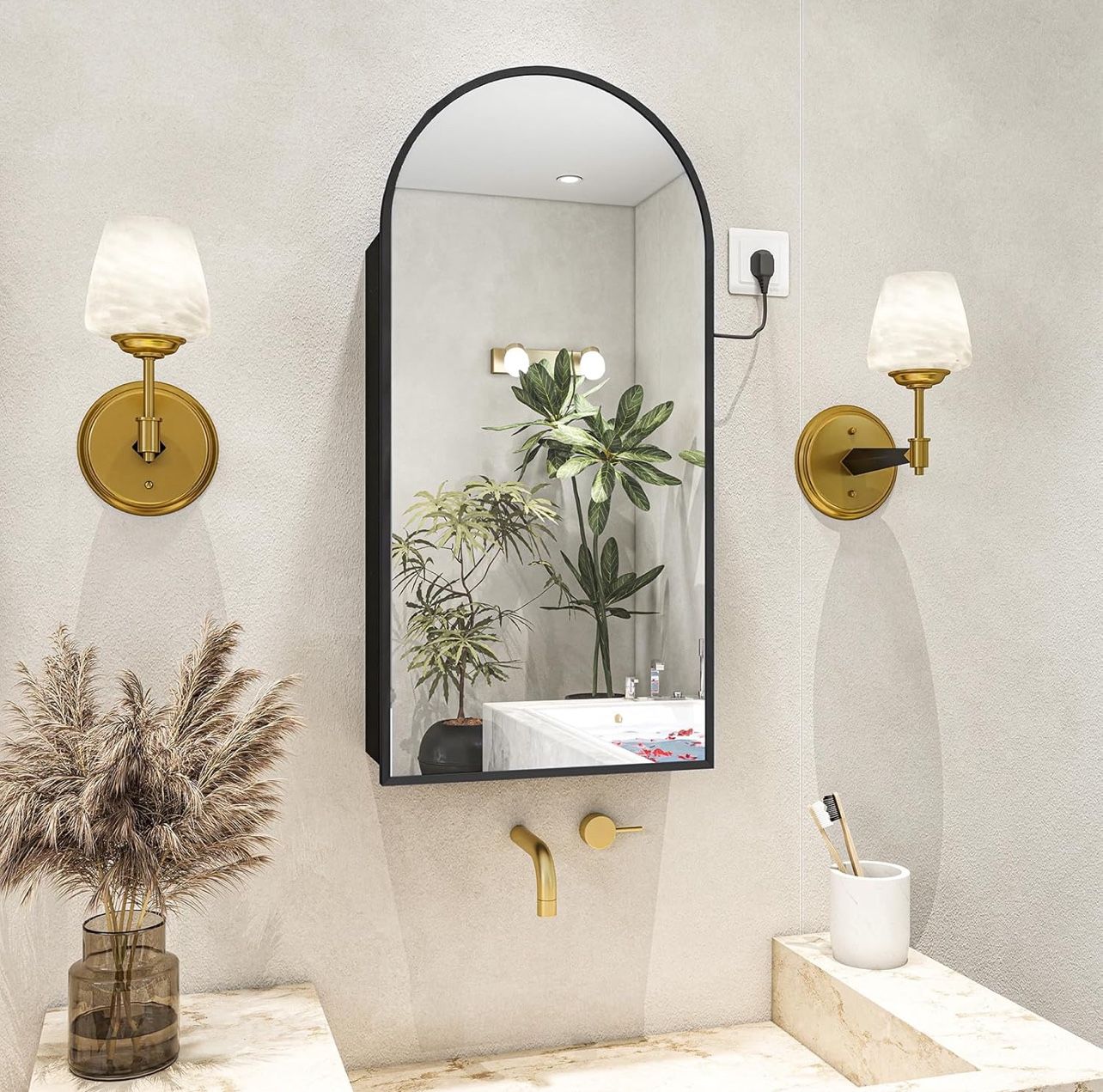 20"x34" Arched Medicine Cabinet with Mirror,Bathroom Storage with Charging Station and 3 Adjustable Shelves, Bathroom Mirror with Storage,Medicine Cab