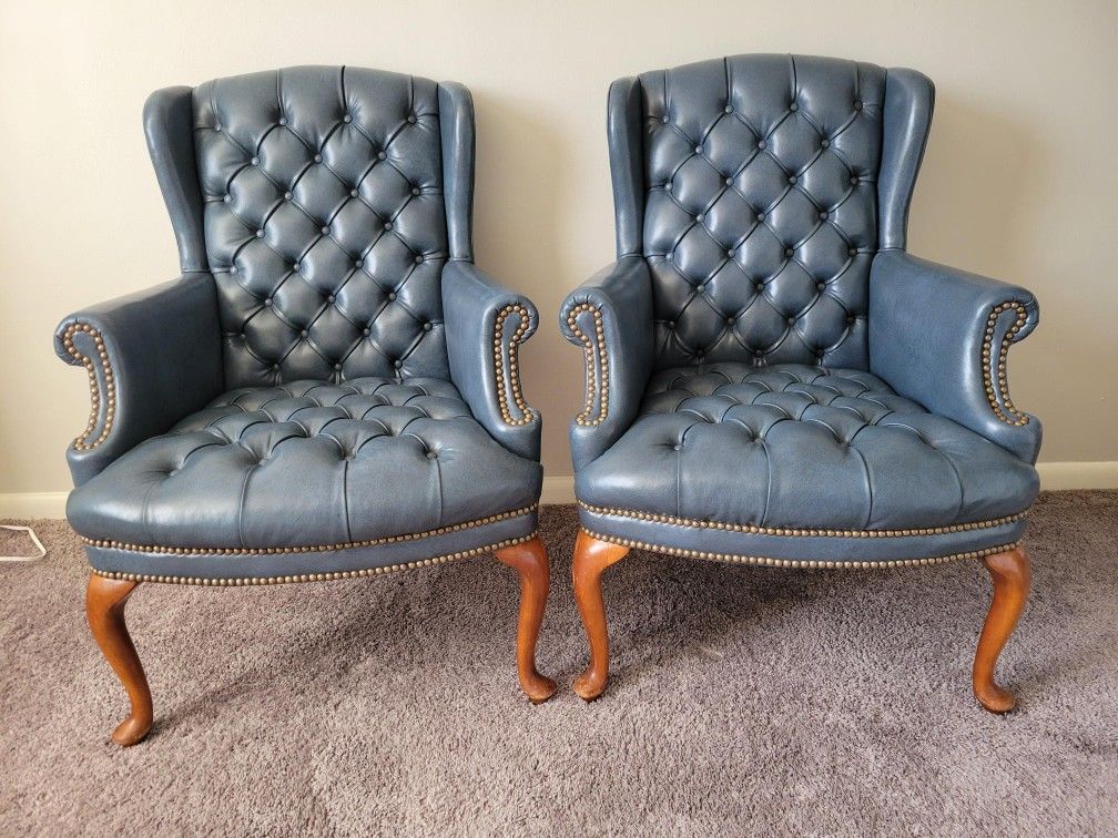 Vintage Pair Tufted Blue Leather Wingback Chairs