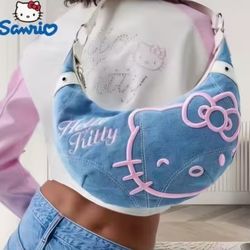 SANRIO Cute Hello Kitty Denim Light Blue Stylish Shoulder Bag, Saddle Bag, Y2K-Christmas Gift 🎄🎀✨️