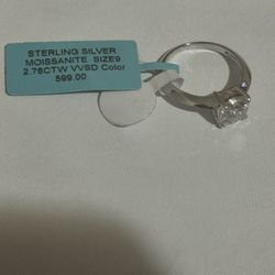 Sterling Silver Moissanite Ring Size 9 
