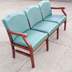 Teal Vinyl Scroll Arm 3 Seat Classic Lebon Office Furniture Waiting Room Bench Sofa