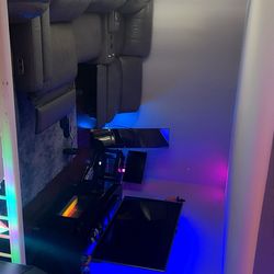 Premium Living Room Setup – Reclining Sectional Couch + Large TV + Fireplace Stand + Rug