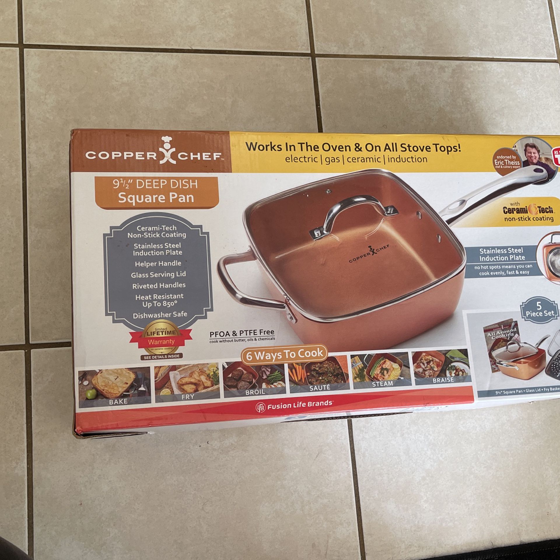 Copper Chef 9.5" Square Pan with Lid, Fry Basket & Steam Rack / New, Unused