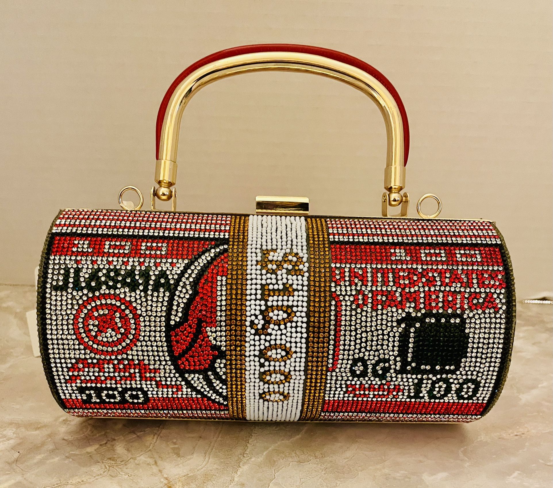 Rhinestone Red $10000 Dollar Roll Bag With 46 Inch Attachable Gold Chain