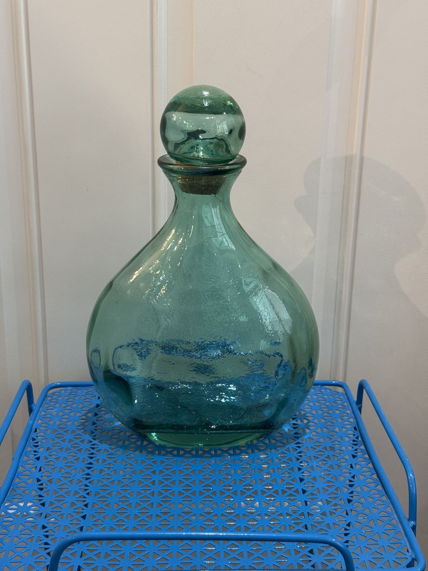 Mid Century Hand Blown Art Green Bubble Glass Decanter W/ Stopper 