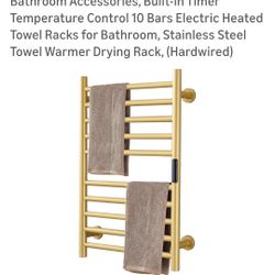 Gold Heated Towel Warmer Radiator Bathroom Accessories, Built-in Timer Temperature Control 10 Bars Electric Heated Towel Racks for Bathroom, Stainless