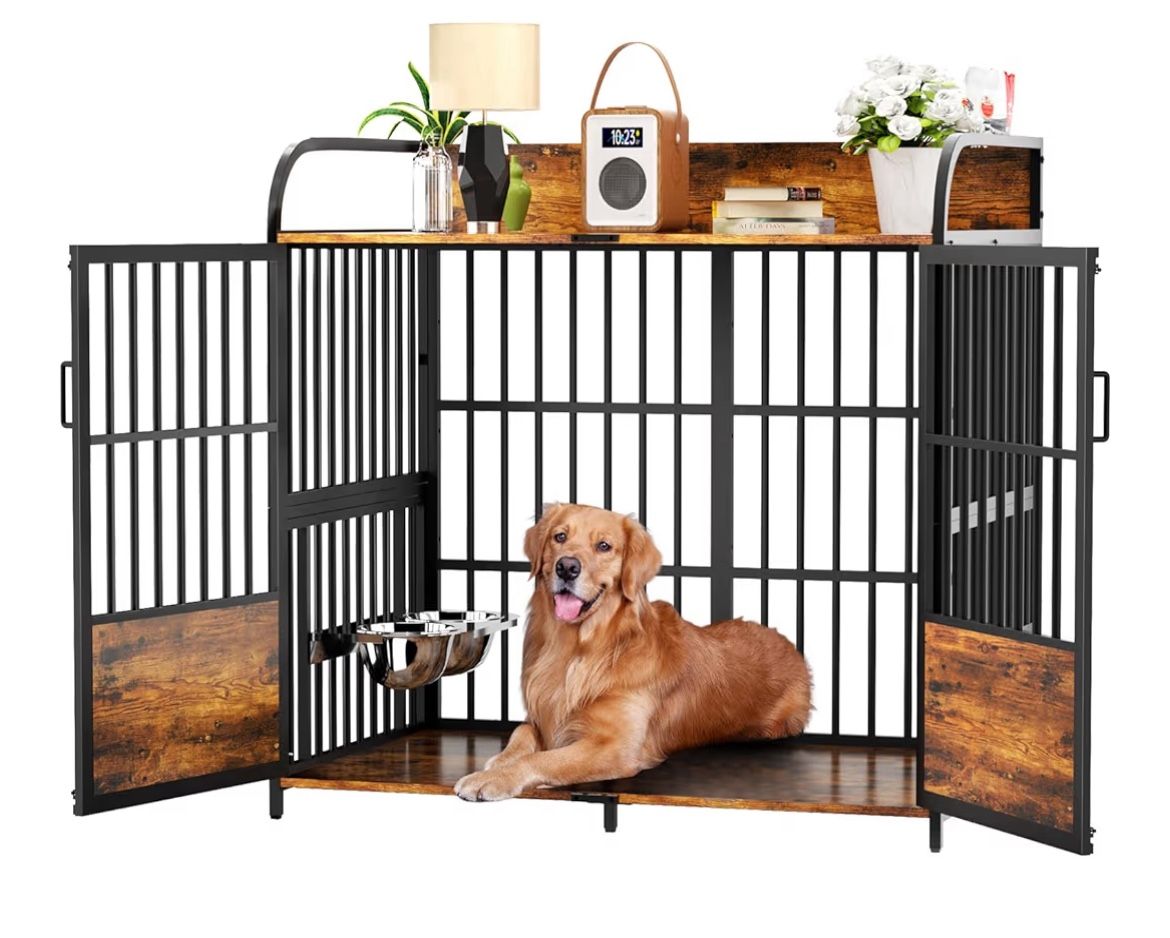 XL Dog Crate Furniture, Large Dog Kennel Indoor with 2 Adjustable Bowls, Heavy Duty Dog Crate for Large Dogs 48 Inch, Wooden Dog Cage Brown, 48" L X 3