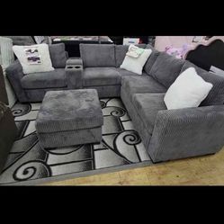 Corduroy Sectional Sofa With Console And Ottoman
