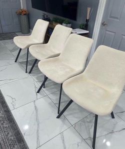 Elegant Set of 4 Light Beige Upholstered Dining Chairs with Metal Legs