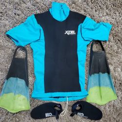 EXCEL NEOPRENE RASH GUARD VOIT CLASSIC DUCK FEET SWIM FINS H2ODYSSEY FIN SOCKS BOOGIE BOADER BODY BOARD SNORKLE STARTER KIT