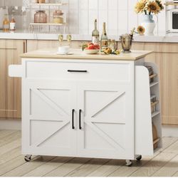 35.4" W Rolling Kitchen Island Table With Drop Leaf, On Wheels, Storage Cabinet, Drawer, Spice Towel Rack, White