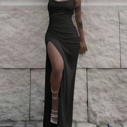 Black Ruched Slit Criss-Cross Strap Dress Formal/Casual
