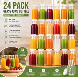 YEBODA 24 Pack 11oz Glass Bottles with Metal Lids & Reusable Straws – Juice, Milk, Smoothies & More